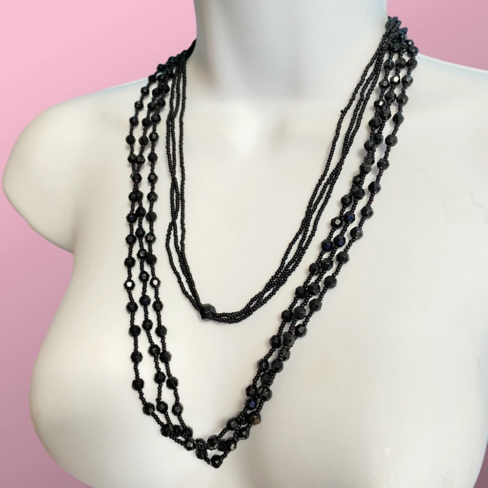 Black Seed Beads Long Necklace Triple Strand Long Over -the-Head Style Necklace